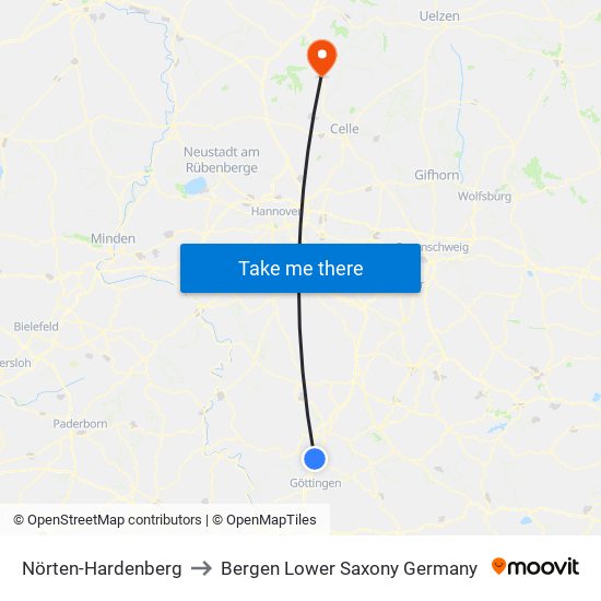 Nörten-Hardenberg to Bergen Lower Saxony Germany map