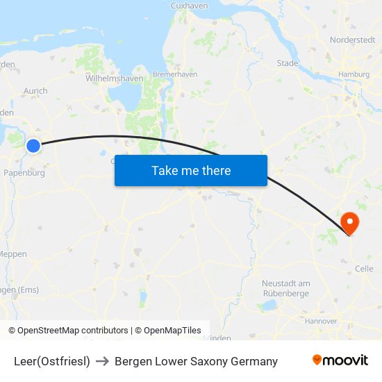 Leer(Ostfriesl) to Bergen Lower Saxony Germany map