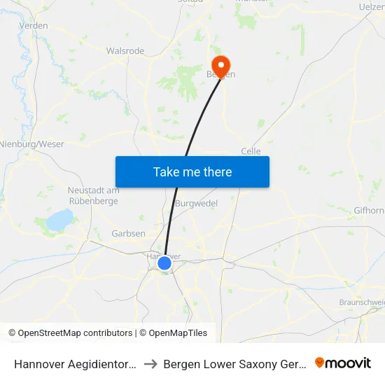 Hannover Aegidientorplatz to Bergen Lower Saxony Germany map