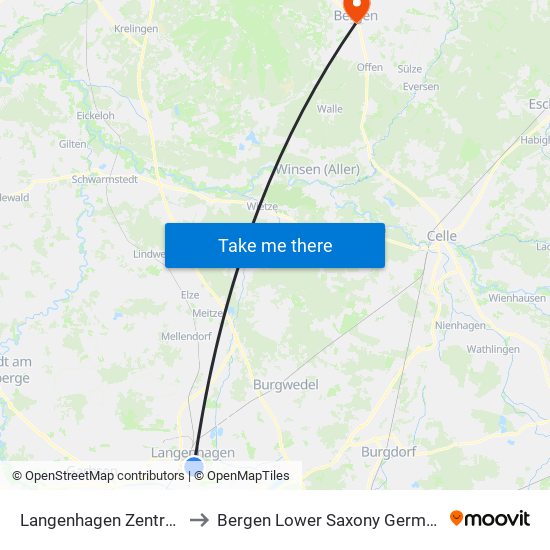 Langenhagen Zentrum to Bergen Lower Saxony Germany map