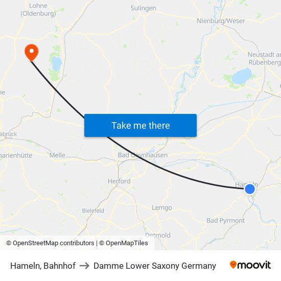Hameln, Bahnhof to Damme Lower Saxony Germany map