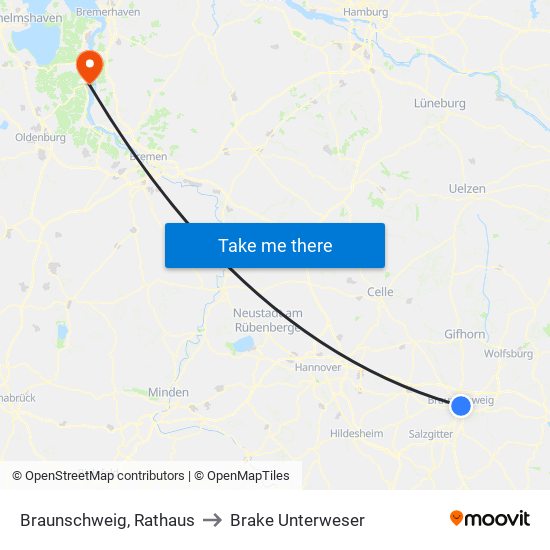 Braunschweig, Rathaus to Brake Unterweser map