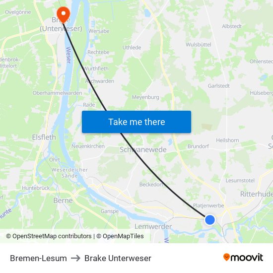 Bremen-Lesum to Brake Unterweser map