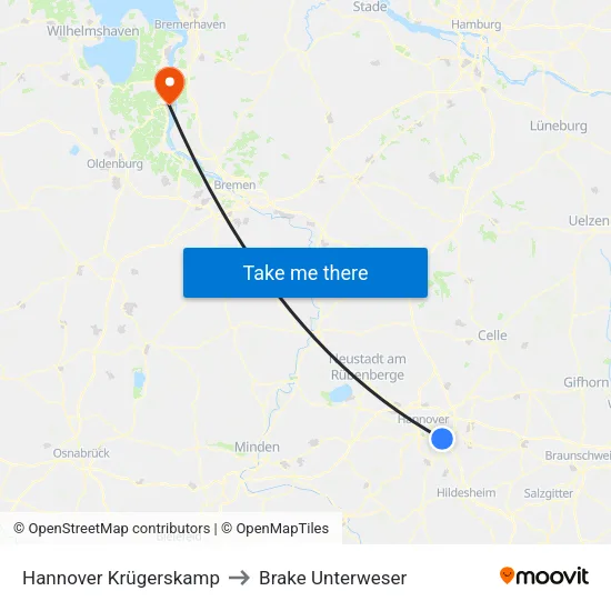 Hannover Krügerskamp to Brake Unterweser map