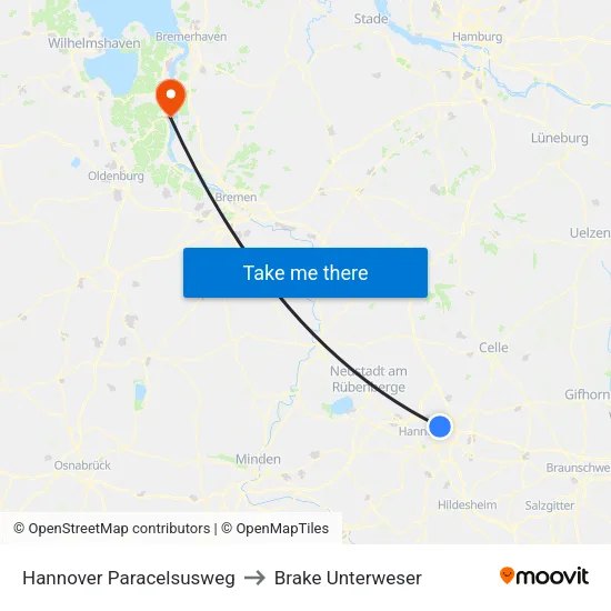Hannover Paracelsusweg to Brake Unterweser map