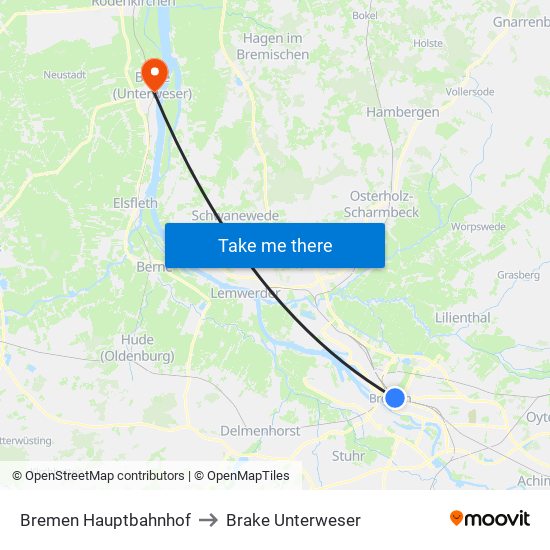 Bremen Hauptbahnhof to Brake Unterweser map