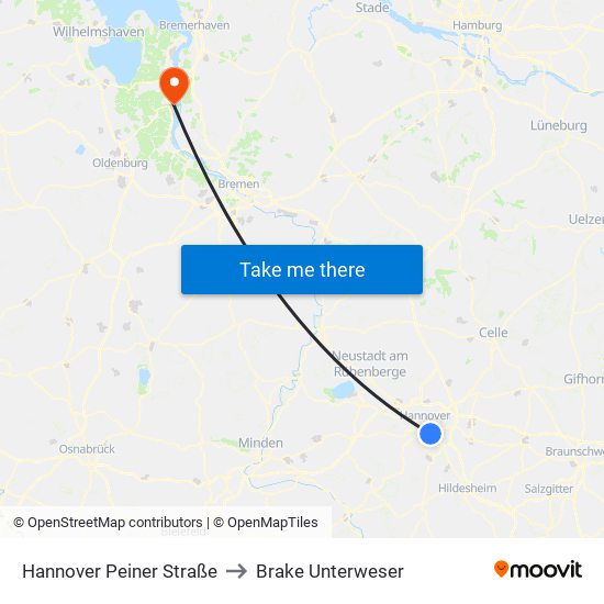 Hannover Peiner Straße to Brake Unterweser map