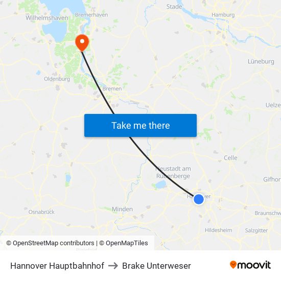 Hannover Hauptbahnhof to Brake Unterweser map