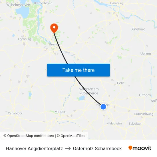 Hannover Aegidientorplatz to Osterholz Scharmbeck map
