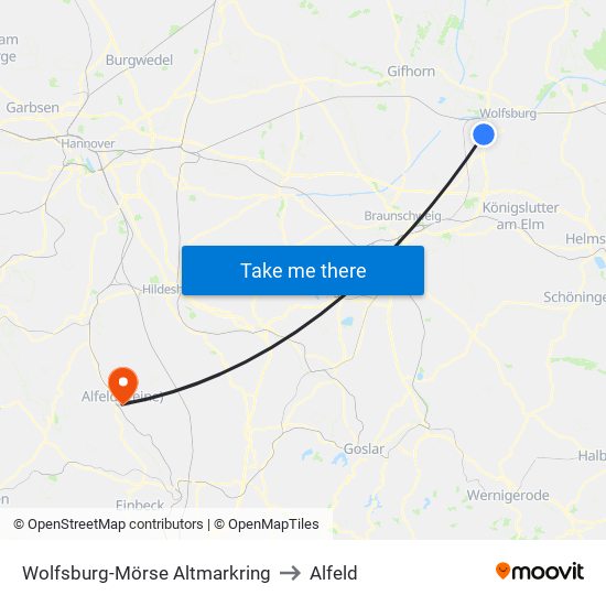 Wolfsburg-Mörse Altmarkring to Alfeld map