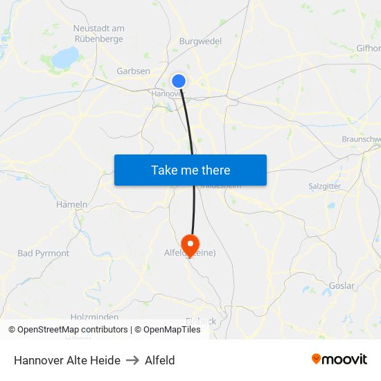 Hannover Alte Heide to Alfeld map