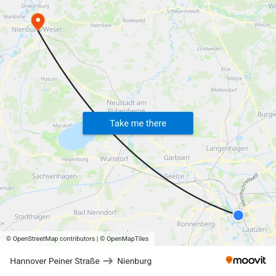 Hannover Peiner Straße to Nienburg map