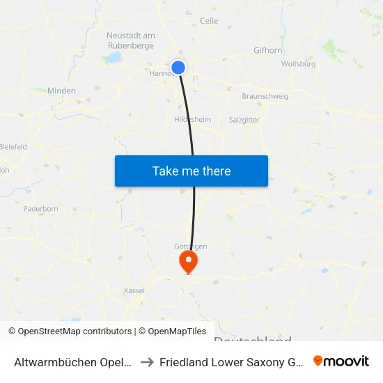 Altwarmbüchen Opelstraße to Friedland Lower Saxony Germany map