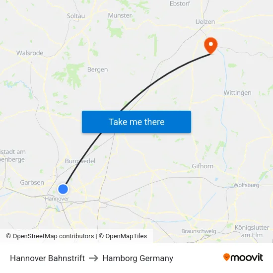 Hannover Bahnstrift to Hamborg Germany map