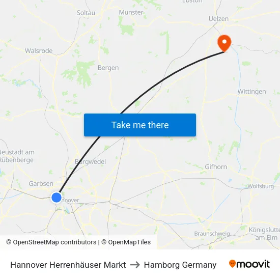 Hannover Herrenhäuser Markt to Hamborg Germany map