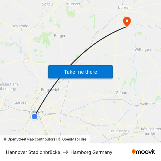 Hannover Stadionbrücke to Hamborg Germany map