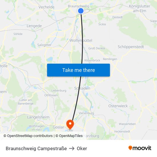 Braunschweig Campestraße to Oker map