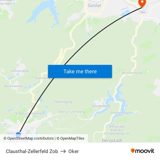 Clausthal-Zellerfeld Zob to Oker map