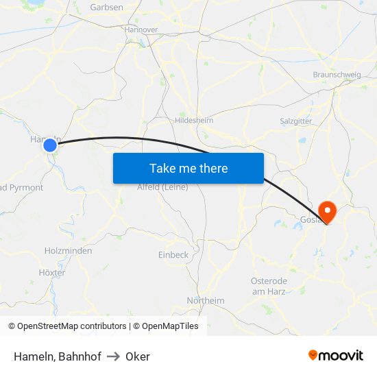 Hameln, Bahnhof to Oker map