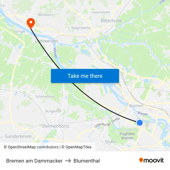 Bremen am Dammacker to Blumenthal map