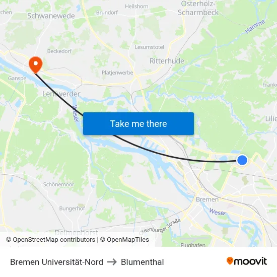 Bremen Universität-Nord to Blumenthal map