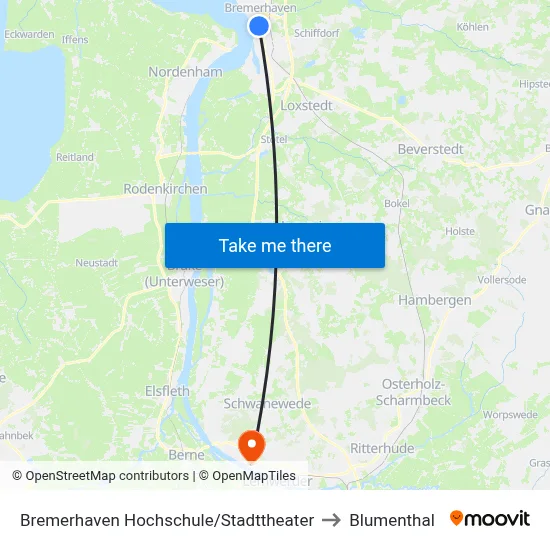 Bremerhaven Hochschule/Stadttheater to Blumenthal map