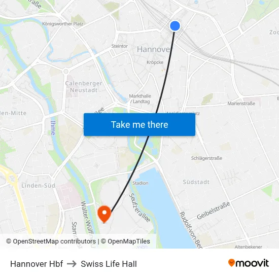 Hannover Hbf to Swiss Life Hall map