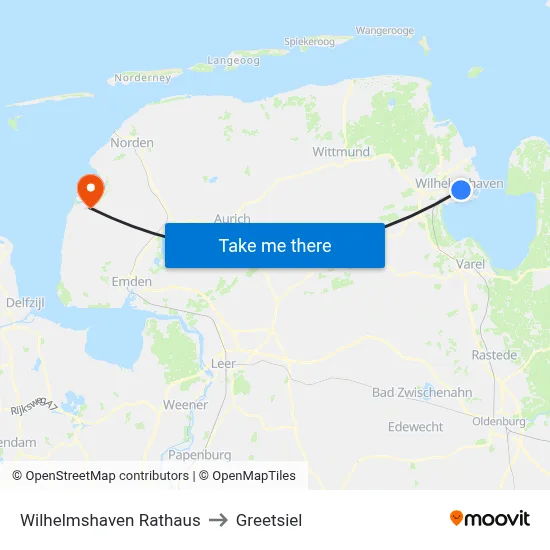 Wilhelmshaven Rathaus to Greetsiel map