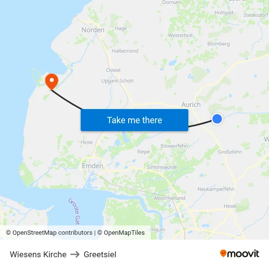 Wiesens Kirche to Greetsiel map