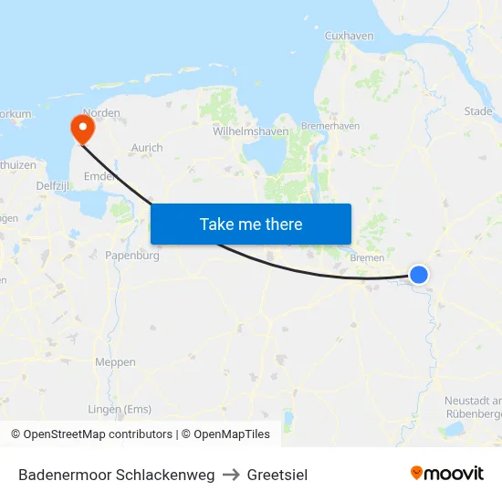 Badenermoor Schlackenweg to Greetsiel map