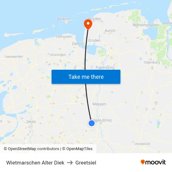Wietmarschen Alter Diek to Greetsiel map