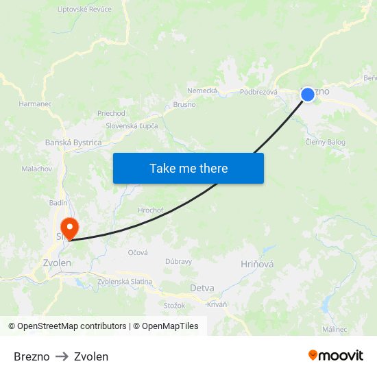 Brezno to Zvolen map