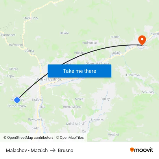 Malachov - Mazúch to Brusno map