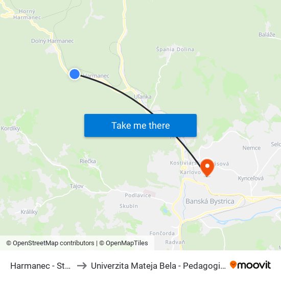 Harmanec - Strelnica to Univerzita Mateja Bela - Pedagogická Fakulta map