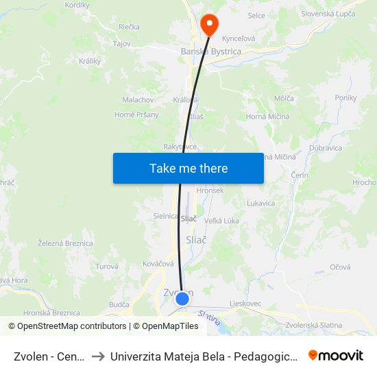 Zvolen - Centrum to Univerzita Mateja Bela - Pedagogická Fakulta map