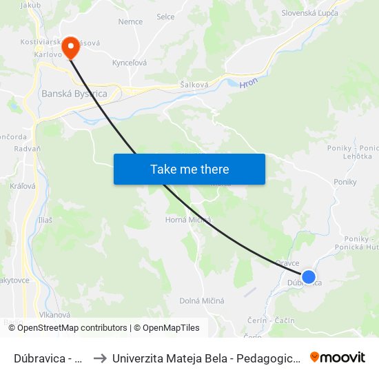 Dúbravica - Garáž to Univerzita Mateja Bela - Pedagogická Fakulta map