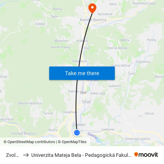 Zvolen to Univerzita Mateja Bela - Pedagogická Fakulta map