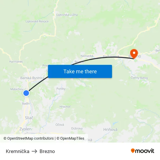 Kremnička to Brezno map