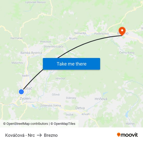 Kováčová - Nrc to Brezno map