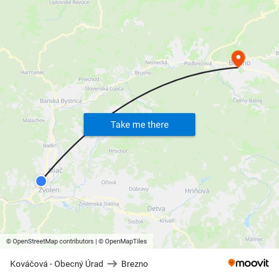 Kováčová - Obecný Úrad to Brezno map