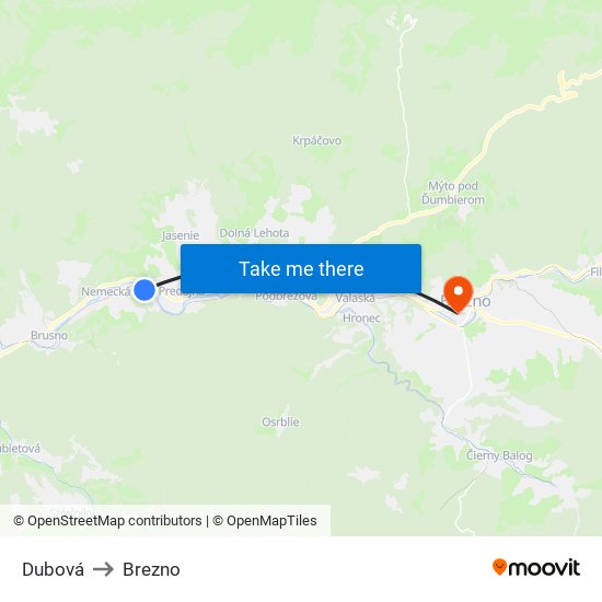 Dubová to Brezno map