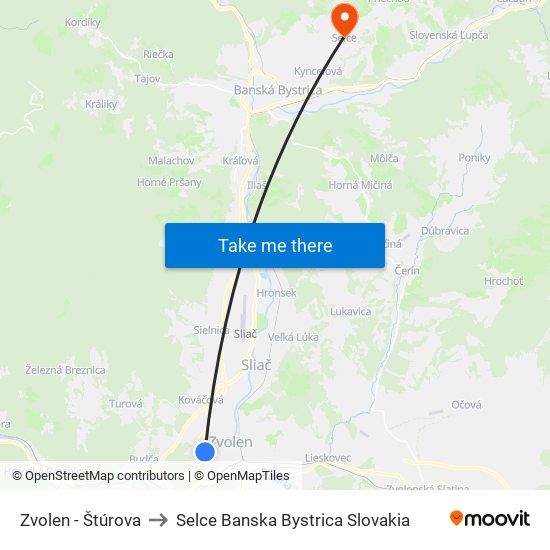 Zvolen - Štúrova to Selce Banska Bystrica Slovakia map