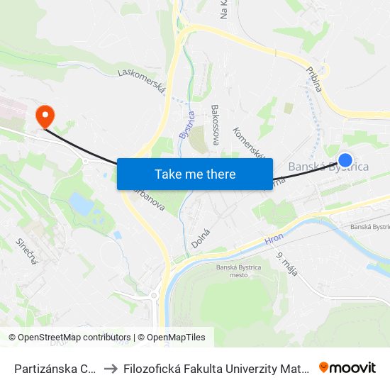 Partizánska Cesta to Filozofická Fakulta Univerzity Mateja Bela map