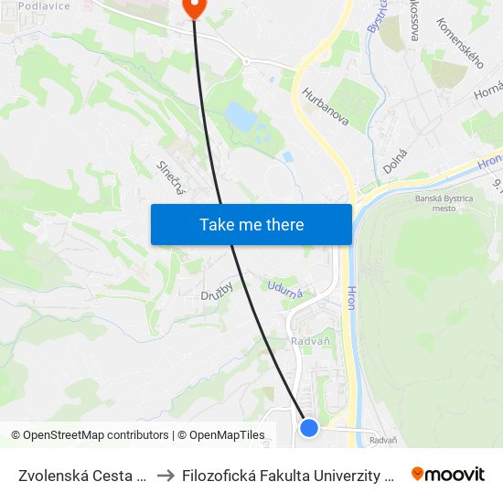 Zvolenská Cesta - Tesco to Filozofická Fakulta Univerzity Mateja Bela map