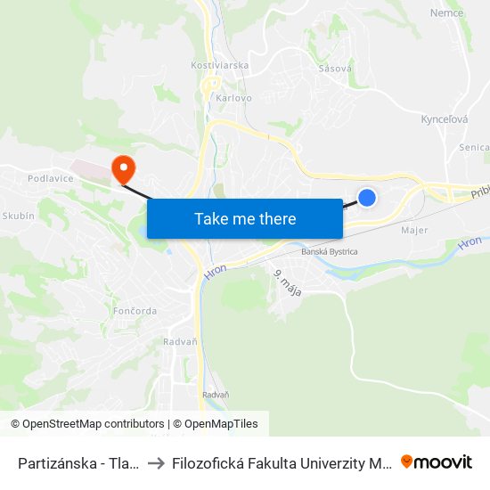 Partizánska - Tlačiareň to Filozofická Fakulta Univerzity Mateja Bela map