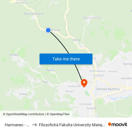 Harmanec - Vpt to Filozofická Fakulta Univerzity Mateja Bela map