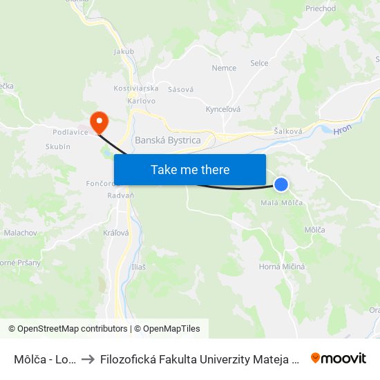 Môlča - Lom to Filozofická Fakulta Univerzity Mateja Bela map