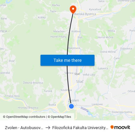 Zvolen - Autobusová Stanica to Filozofická Fakulta Univerzity Mateja Bela map