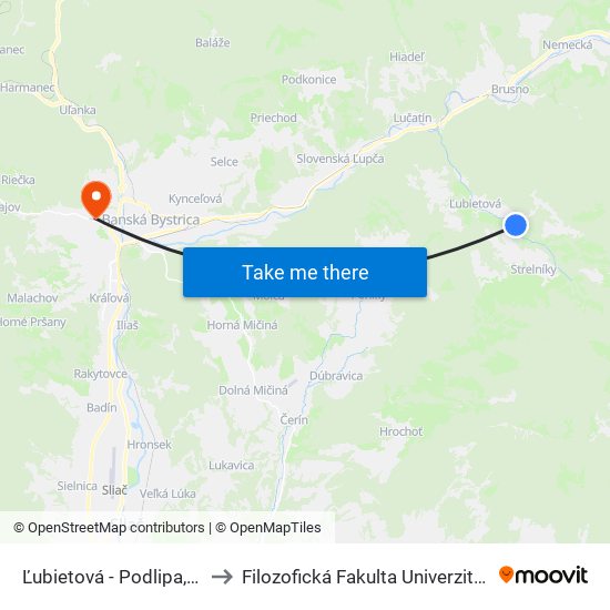 Ľubietová - Podlipa, Rázcestie to Filozofická Fakulta Univerzity Mateja Bela map