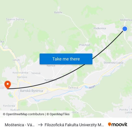 Moštenica - Vápenka to Filozofická Fakulta Univerzity Mateja Bela map